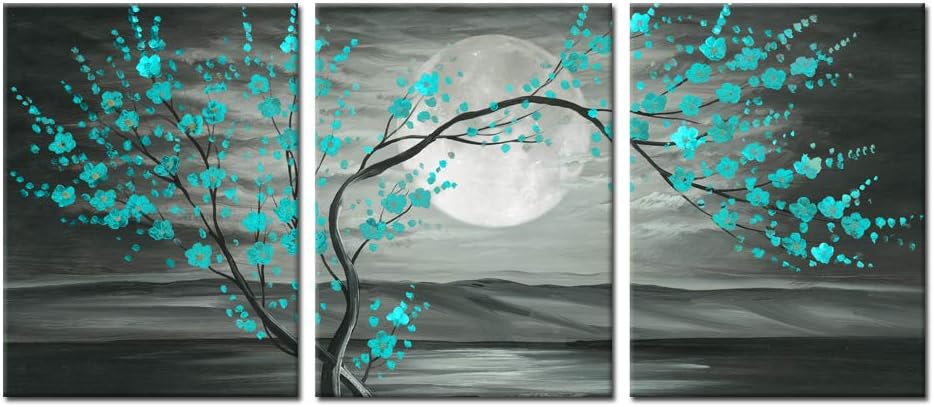 Teal plum blossom wall art 12x16" framed canvas set featuring blooming branches against a moonlit backdrop.