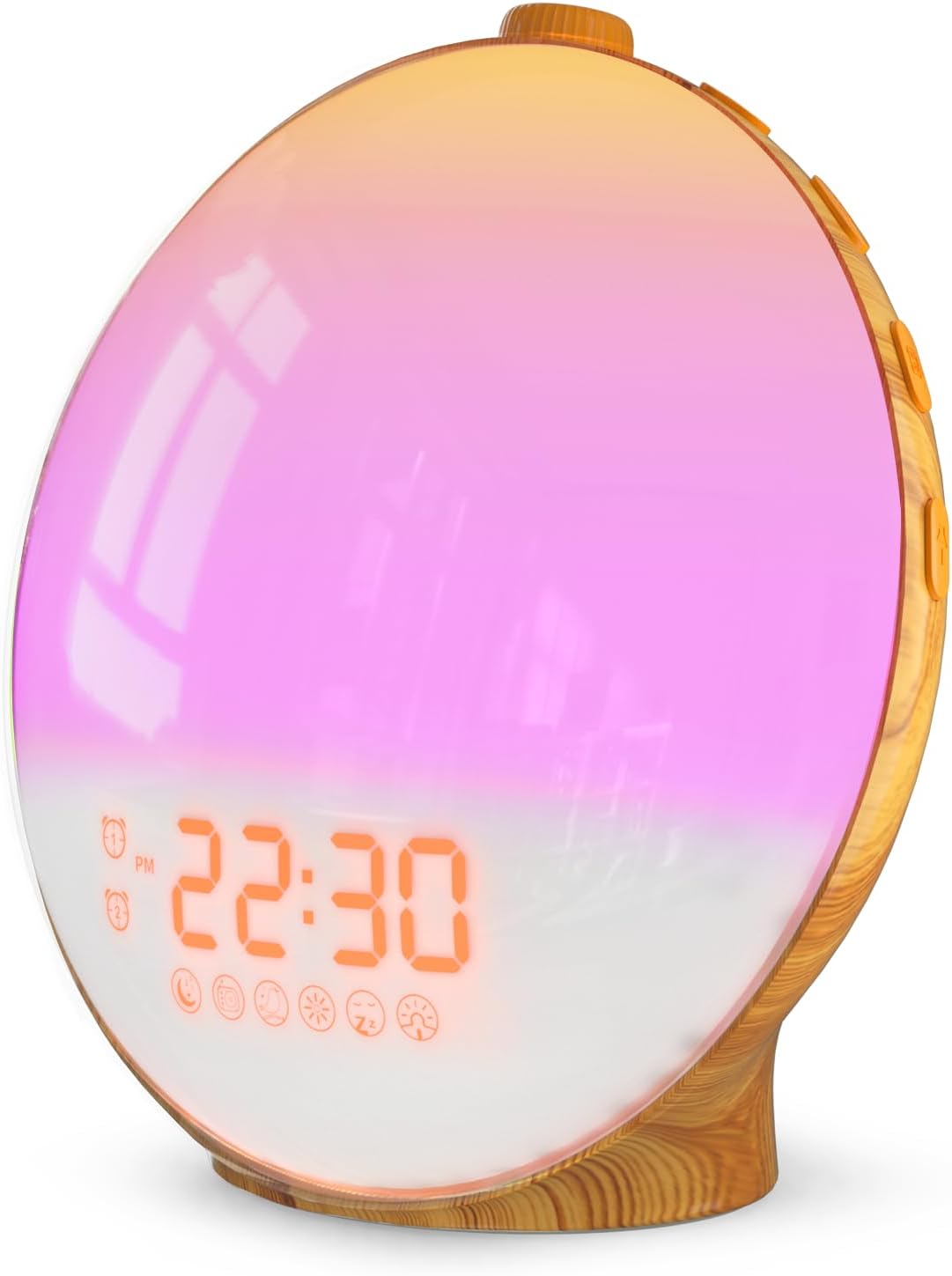 sunrise alarm clock with wake up light showing time and colorful light display