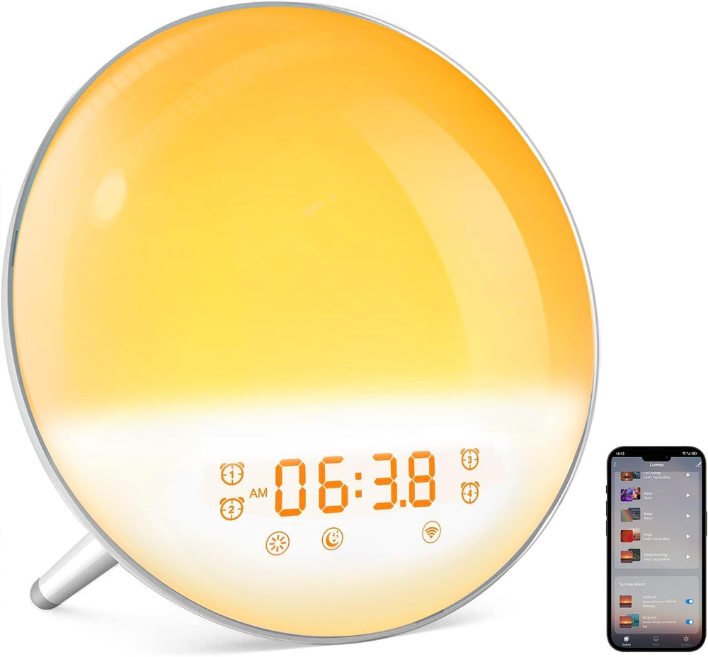 Sunrise alarm clock with wake up light displaying time and featuring a warm yellow glow with smartphone for control.