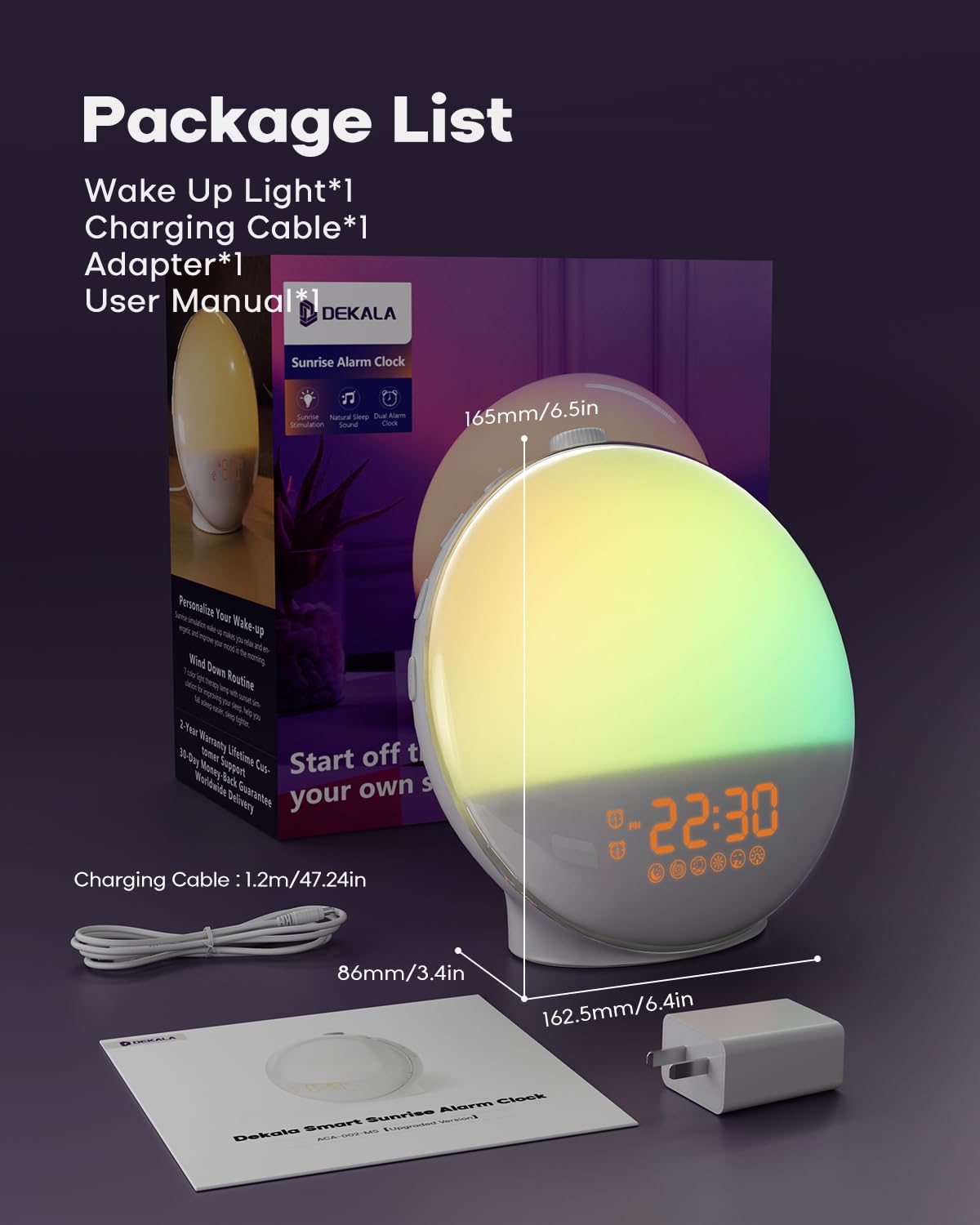 Sunrise alarm clock with wake up light featuring a vibrant design and package contents including cables and manual.