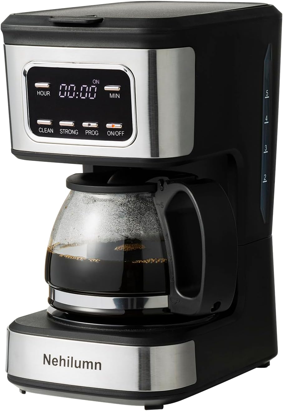 programmable coffee maker with reusable filter on a kitchen counter next to a coffee pot