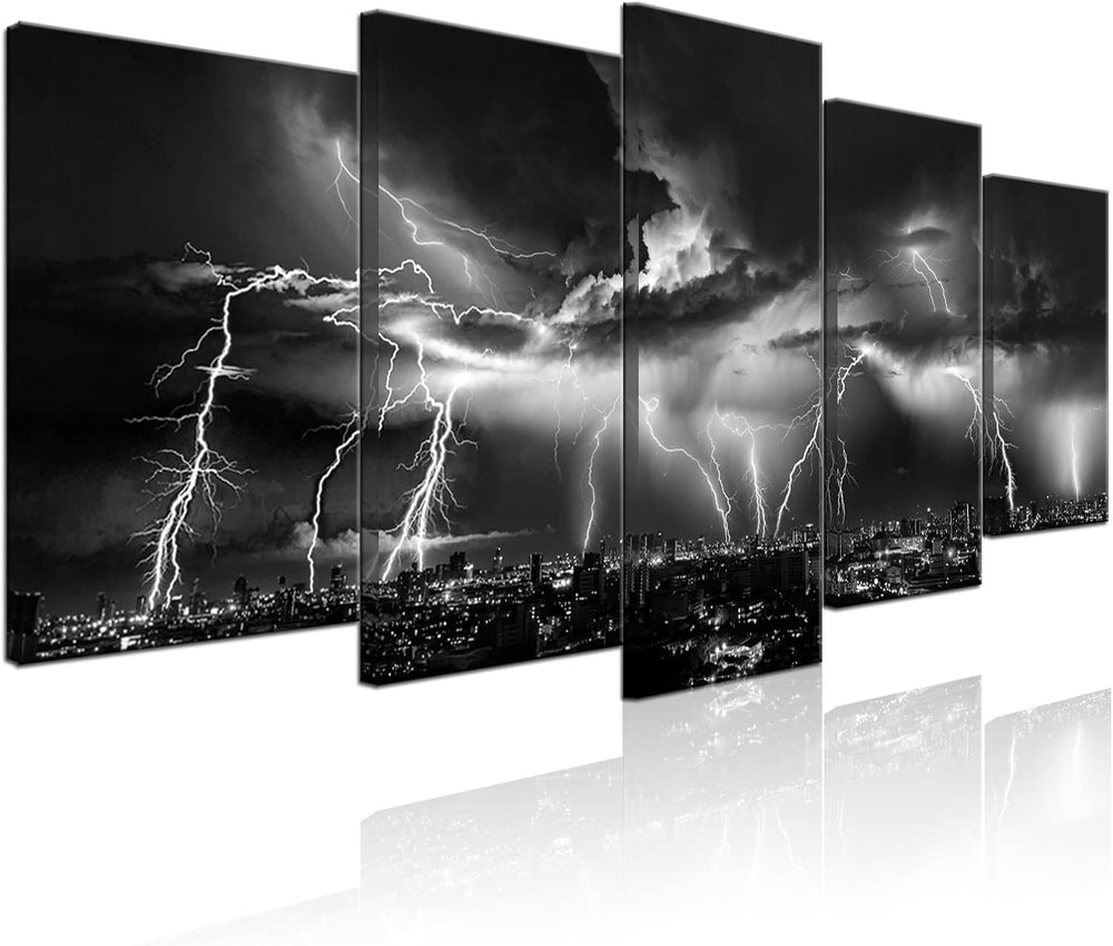 Black and white lightning wall art depicting a stormy city night view with dramatic lightning strikes.