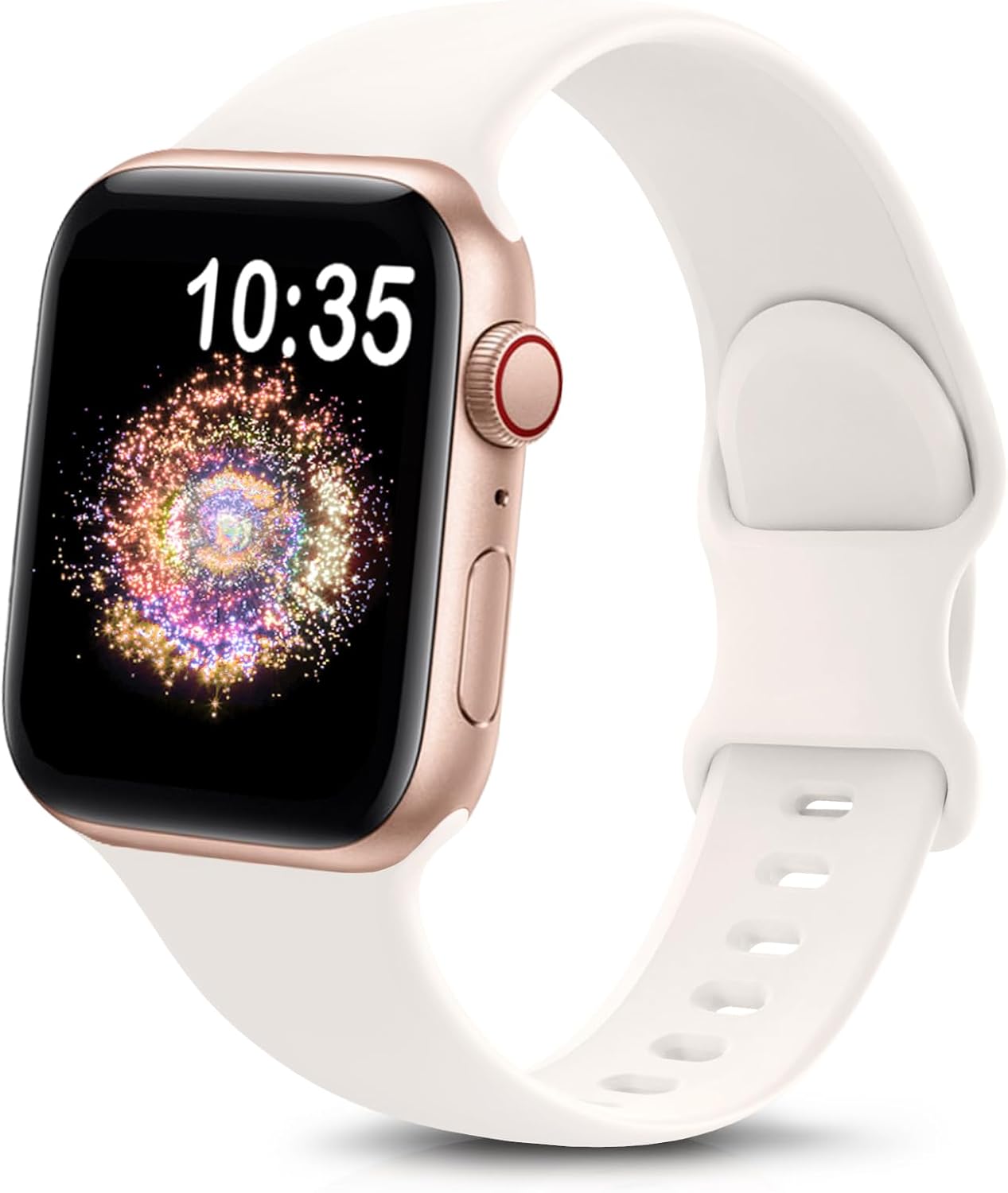 durable sport band for Apple Watch in soft silicone with a rose gold watch face displaying time.