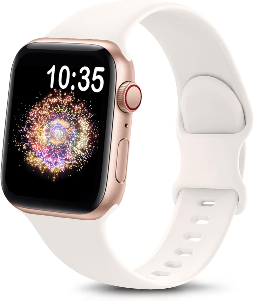 durable sport band for Apple Watch in soft silicone with a rose gold watch face displaying time.