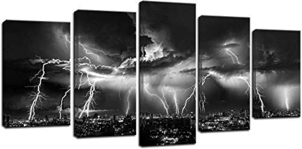 Stunning black and white lightning wall art depicting a stormy city night view with dramatic lightning strikes.