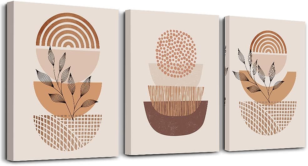 modern abstract canvas wall art featuring earthy tones and geometric designs in a triptych format.