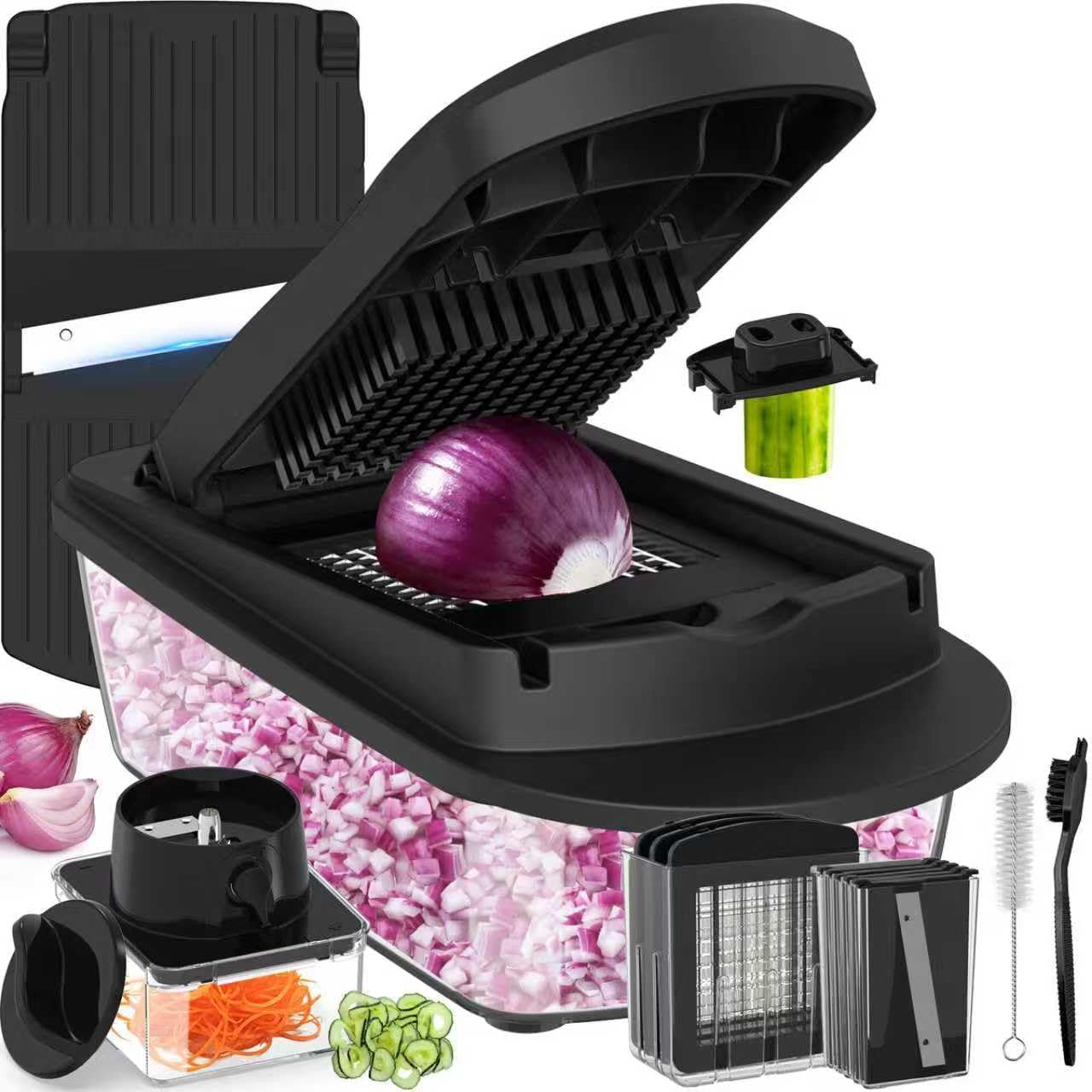 8-in-1 vegetable chopper with onion, slicing and dicing attachments for quick food preparation.