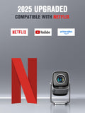 smart projector with Netflix and 4K support featuring 2025 upgrade and compatibility with Netflix, YouTube, and Prime Video.