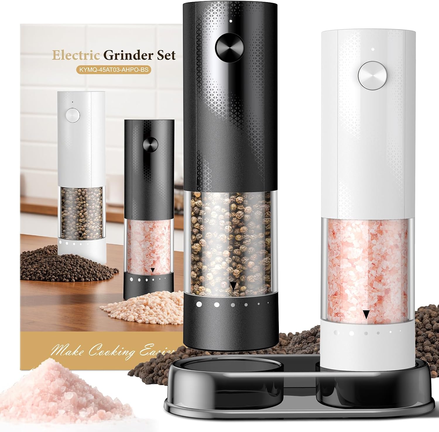 electric salt and pepper grinder set | Rechargeable Automatic grinders displayed with pink salt and black peppercorns
