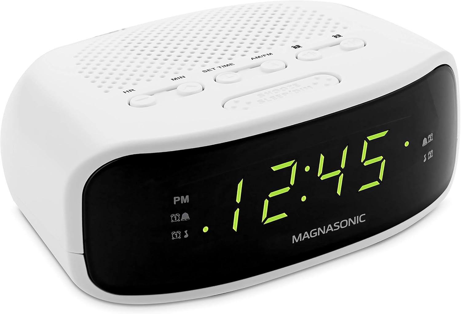 digital clock radio with dual alarms showing time 12:45 on a white design with clear display and buttons.