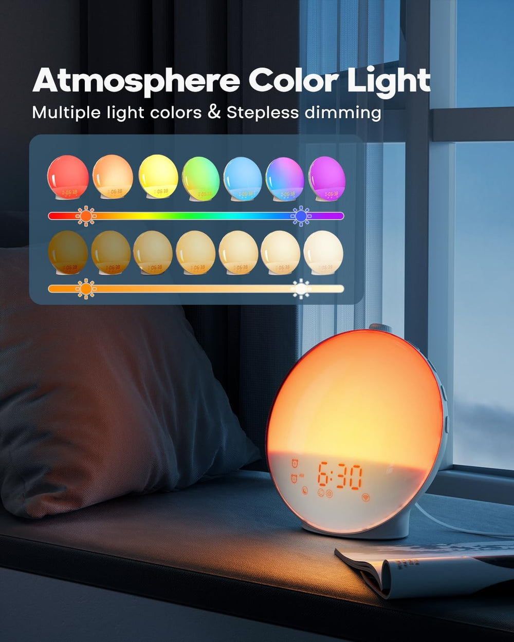 sunrise alarm clock with wake up light featuring multiple colors and step-less dimming options
