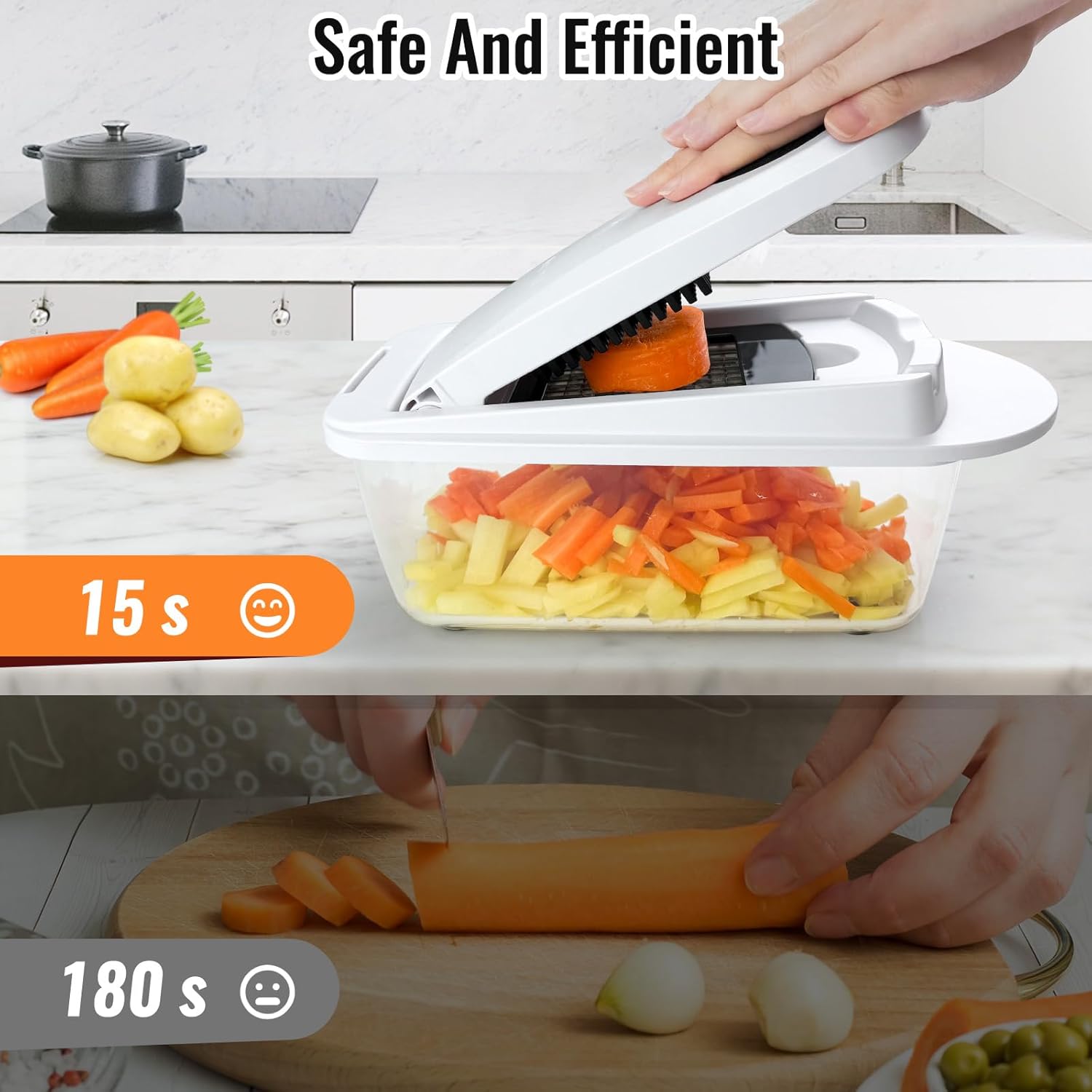 8-in-1 vegetable chopper slicing carrots and potatoes efficiently in a kitchen setting.