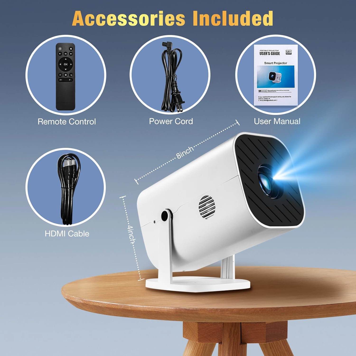 Smart 1080P projector with built-in apps showing included accessories like remote control and HDMI cable.