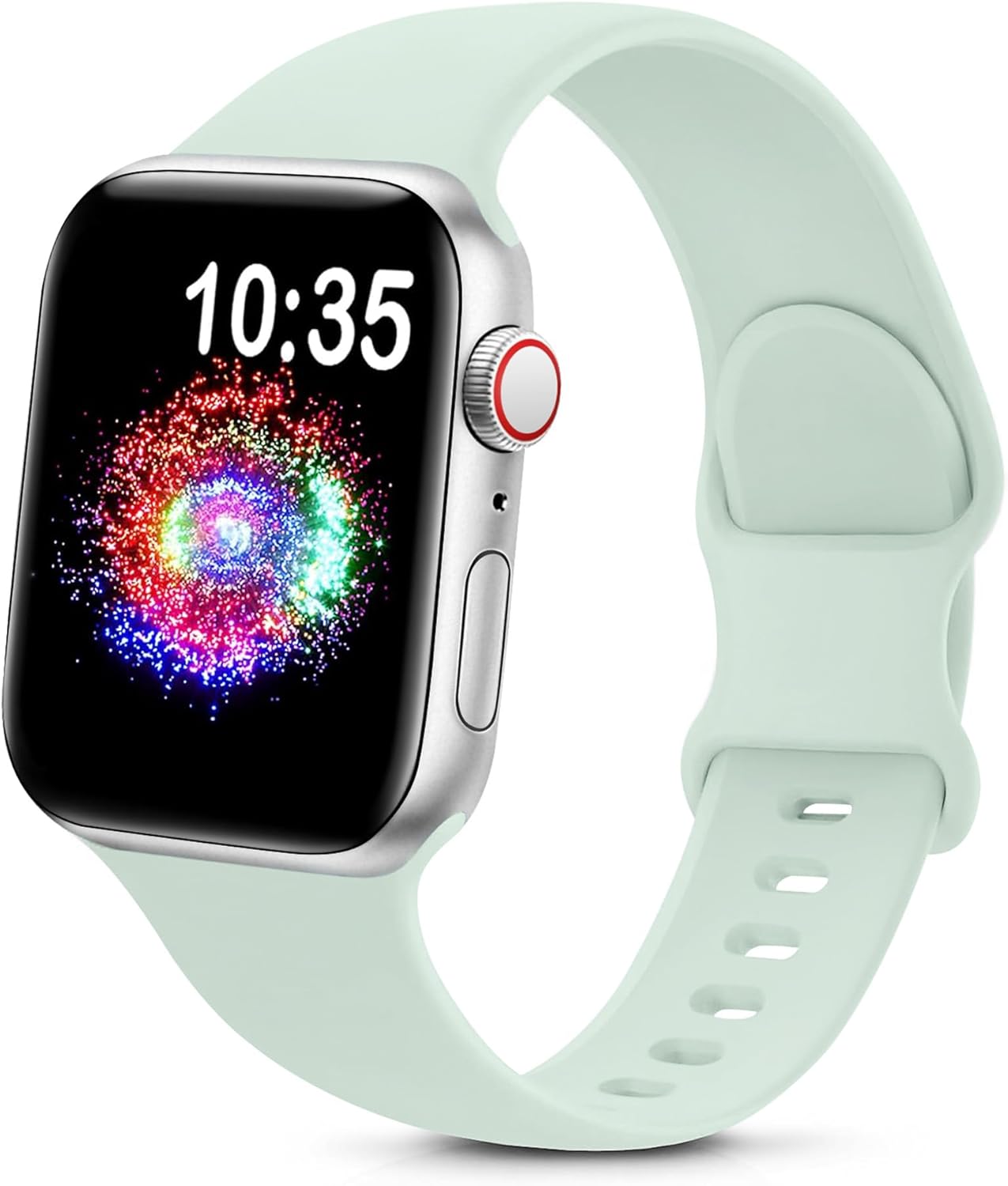 durable sport band for Apple Watch in soft silicone, displayed on a silver smartwatch with colorful screen.