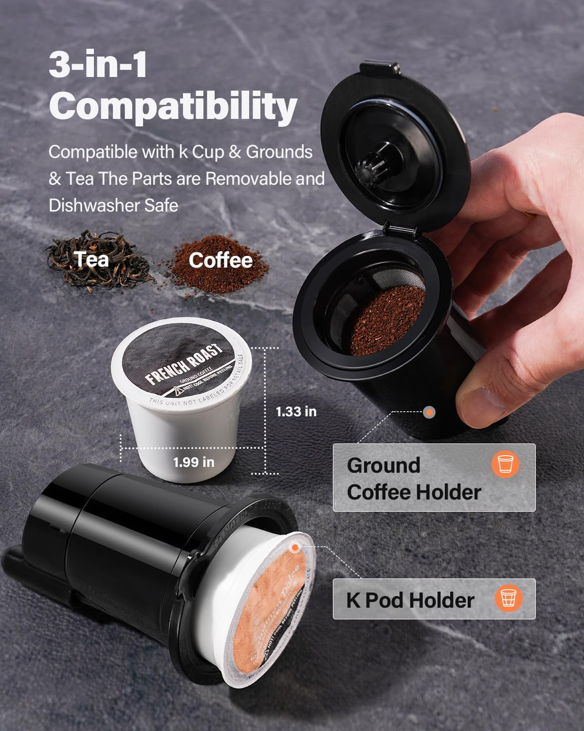3-in-1 compatibility for the 2-in-1 single serve coffee maker, featuring K cups, ground coffee, and tea options.