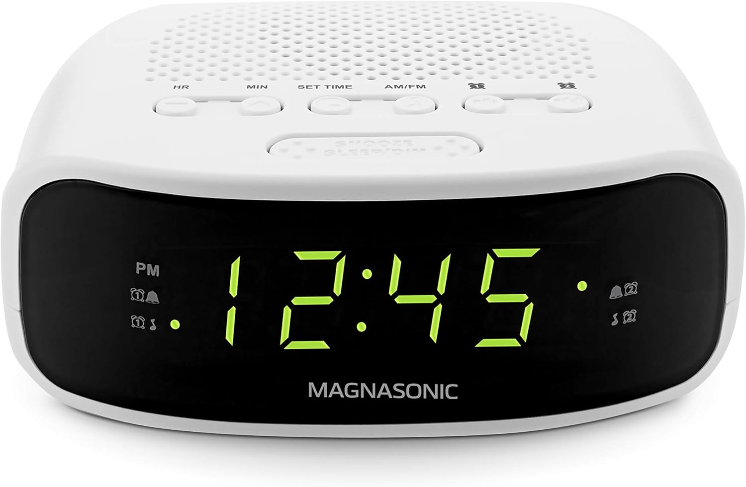 digital clock radio with dual alarms displaying time 12:45, featuring dual alarms and sleep functions.