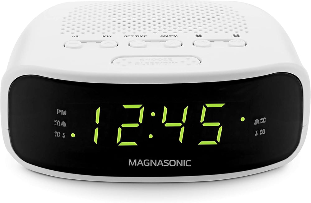 digital clock radio with dual alarms displaying time 12:45, featuring dual alarms and sleep functions.