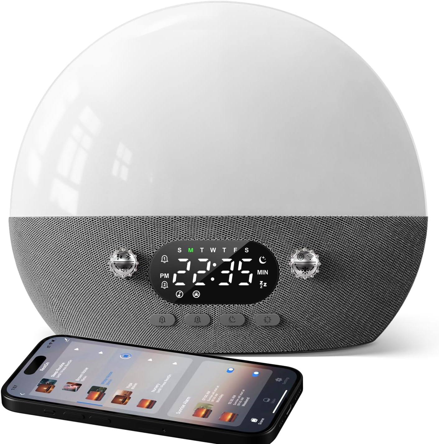 Sunrise alarm clock with wake up light and smartphone control, featuring a sleek design and multiple colors.