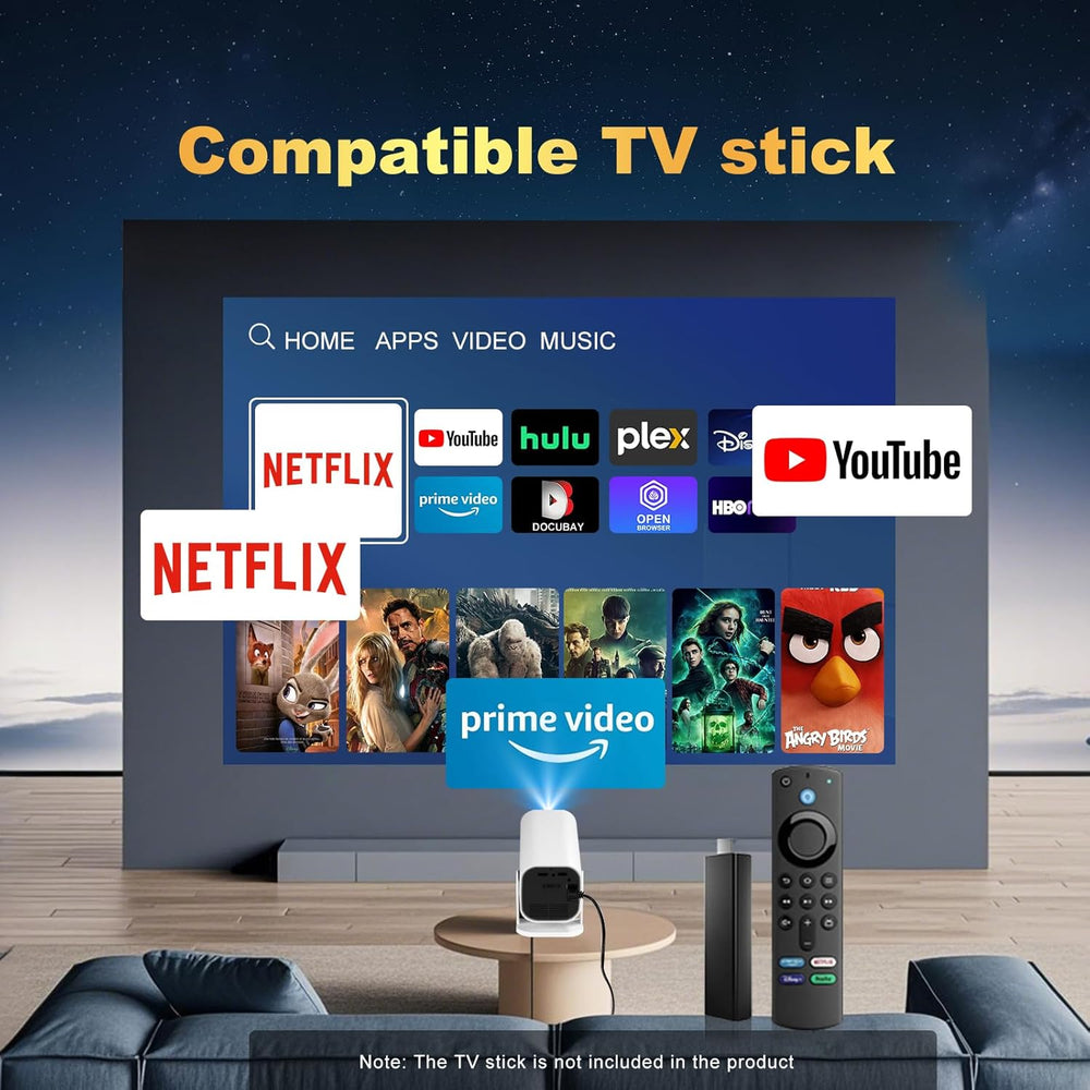 smart 1080P projector with built-in apps displaying compatible TV stick apps like Netflix and YouTube.
