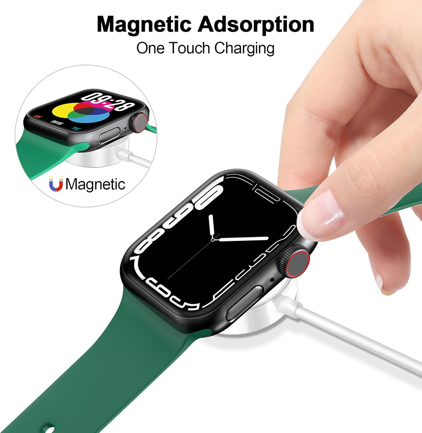 USB-C magnetic fast charger for Apple Watch demonstrating magnetic adsorption and one touch charging.