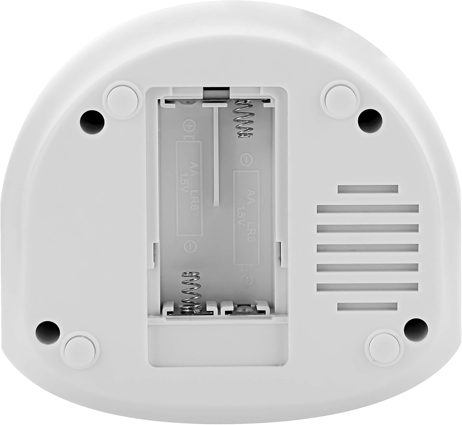 Back view of a digital clock radio with dual alarms showing battery compartment.