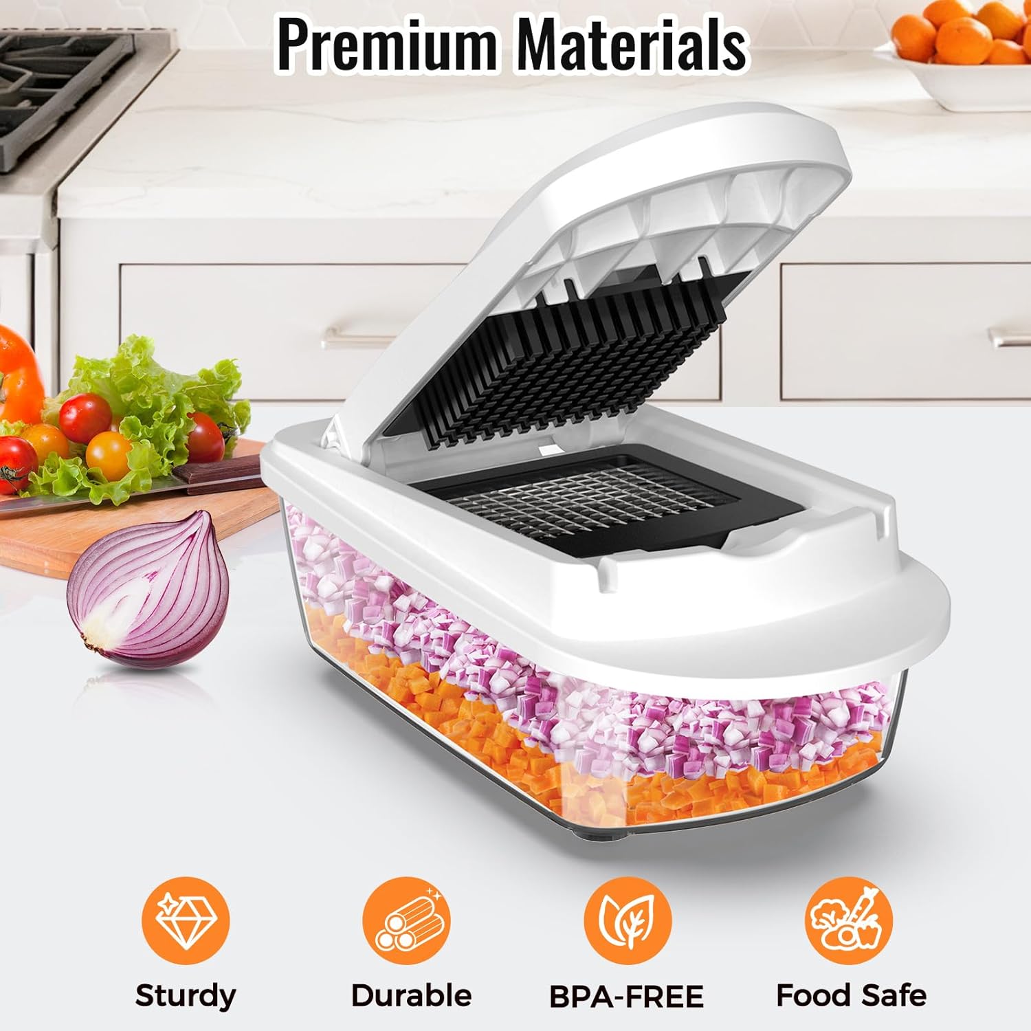 8-in-1 vegetable chopper showcasing premium materials and features for efficient food preparation.