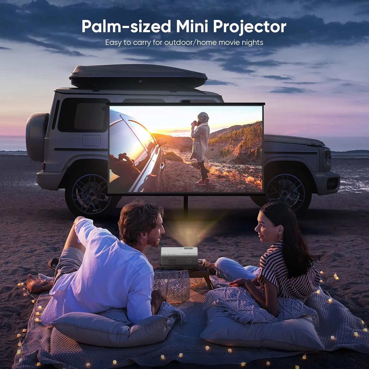 Couple enjoying a movie night outdoors with a portable projector with wifi and bluetooth beside a vehicle.