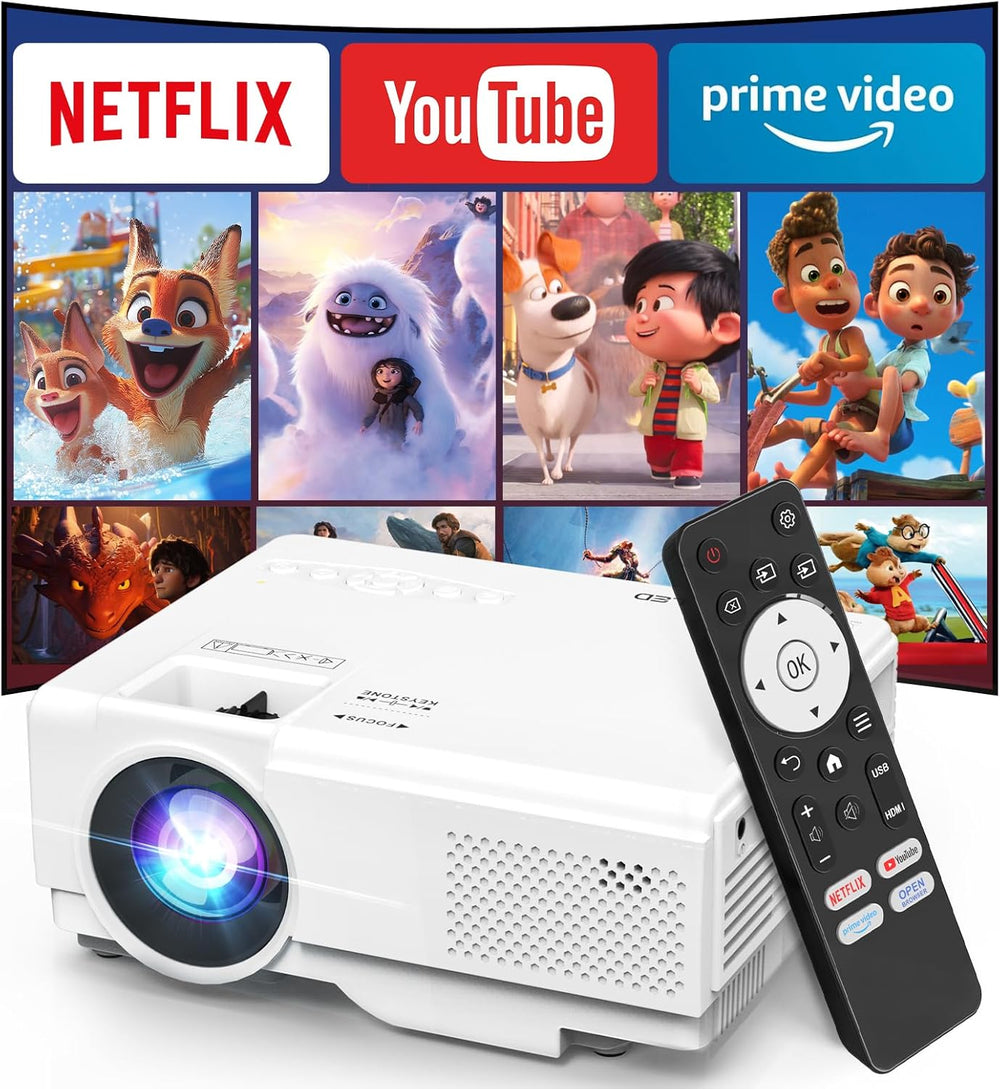 Portable projector with wifi and bluetooth displaying streaming apps like Netflix, YouTube, and Prime Video.