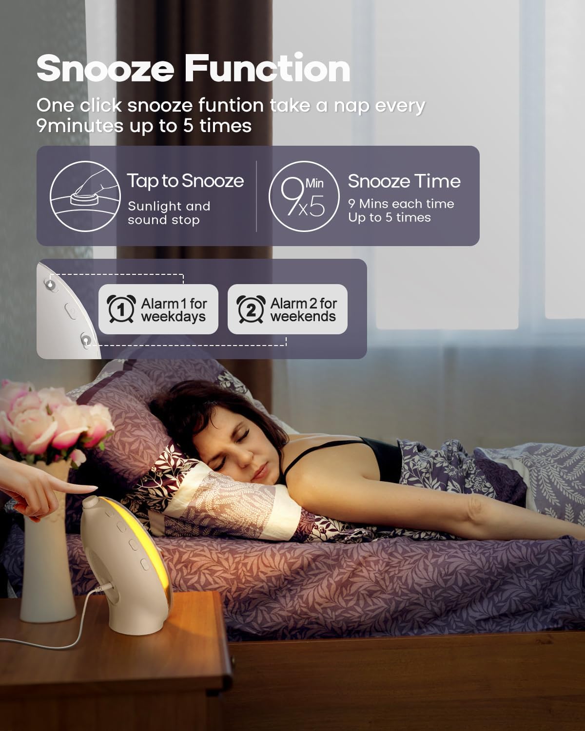 Sunrise alarm clock with wake up light demonstrating snooze function in a cozy bedroom setting.