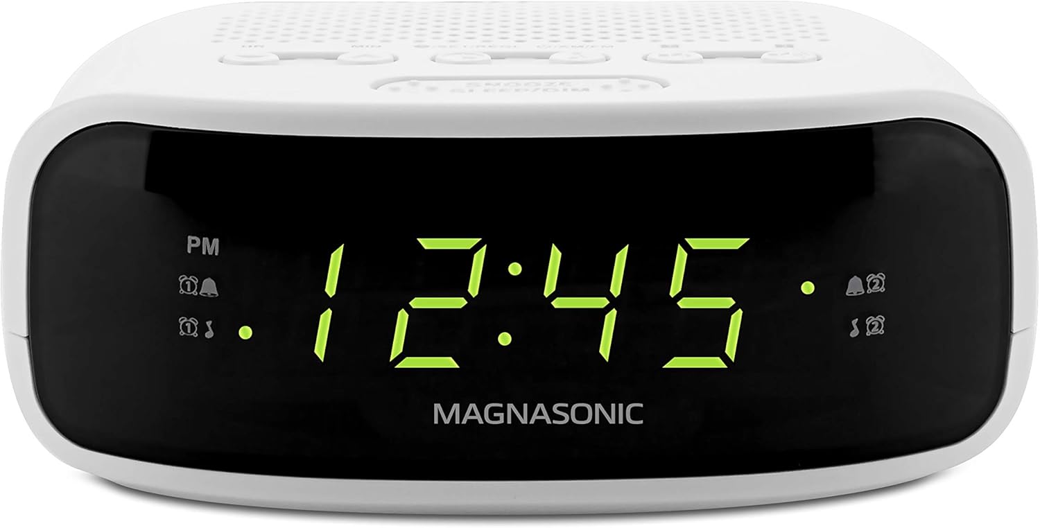 Digital clock radio with dual alarms displaying the time 12:45 and featuring distinct dual alarms and sleep functions.