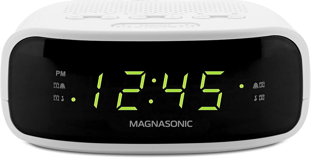 Digital clock radio with dual alarms displaying the time 12:45 and featuring distinct dual alarms and sleep functions.