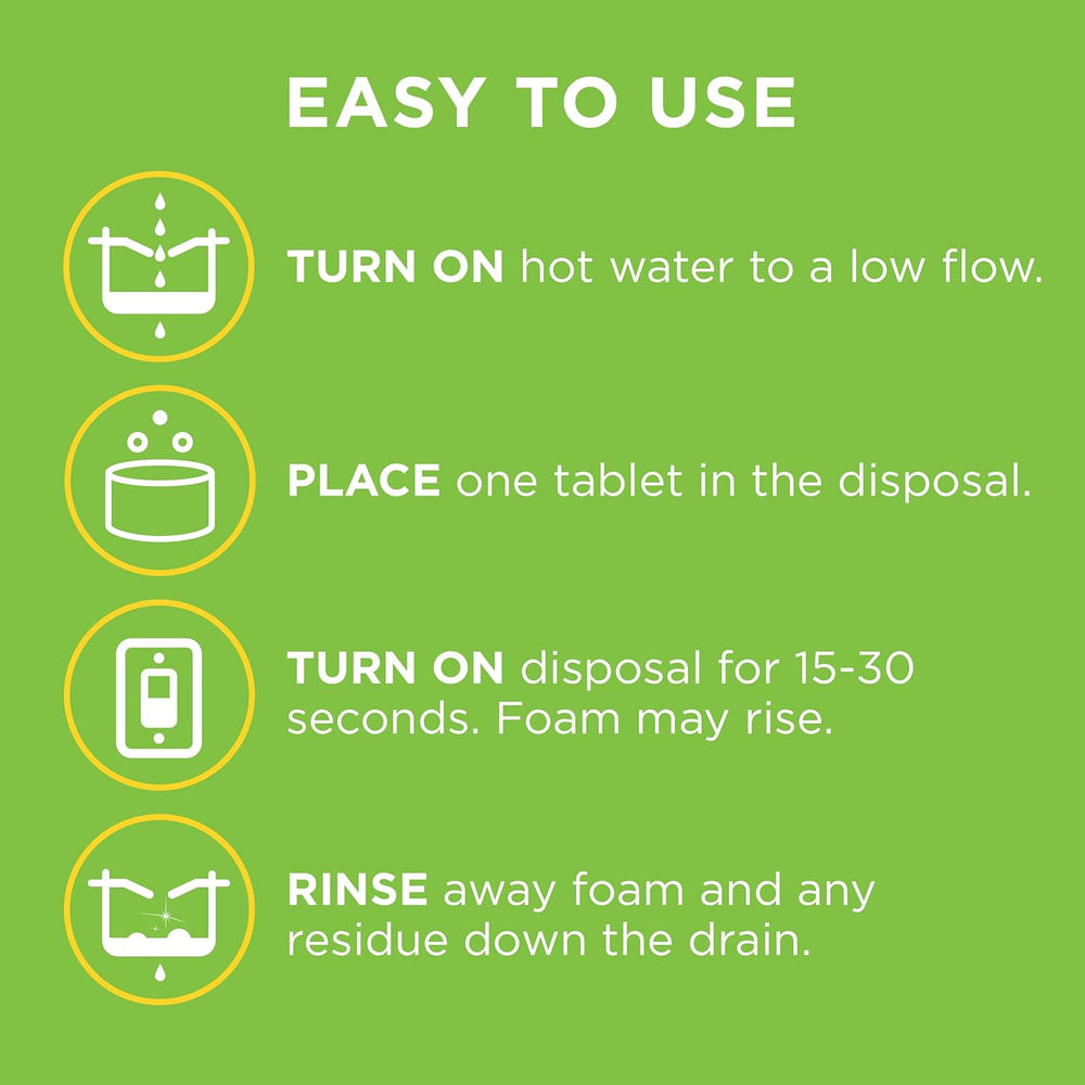 Instructions for using garbage disposal cleaner tablets, showing steps to clean a garbage disposal easily.