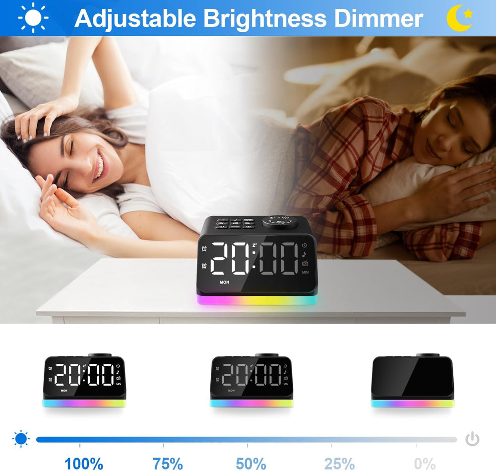 Digital alarm clock for seniors and kids with adjustable brightness dimmer and multi-color display.