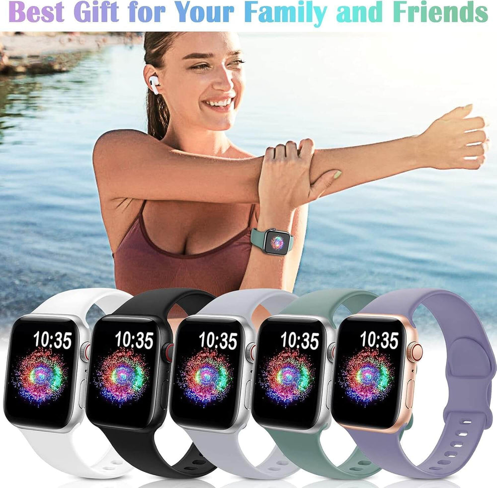 durable sport band for Apple Watch in various colors worn by a woman by the water.