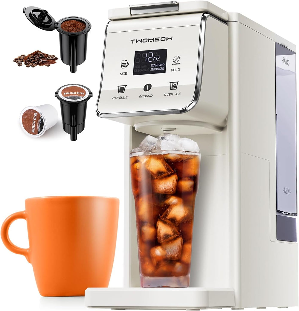 2-in-1 single serve coffee maker for hot, iced, and bold brews, featuring capsules and ground coffee options.