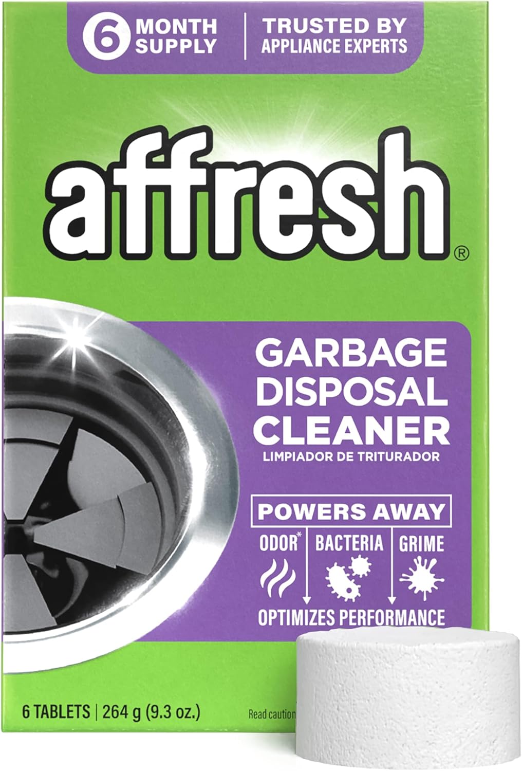 Affresh garbage disposal cleaner tablets pack with 6 tablets for odor and grime removal, ideal for maintaining garbage disposal.