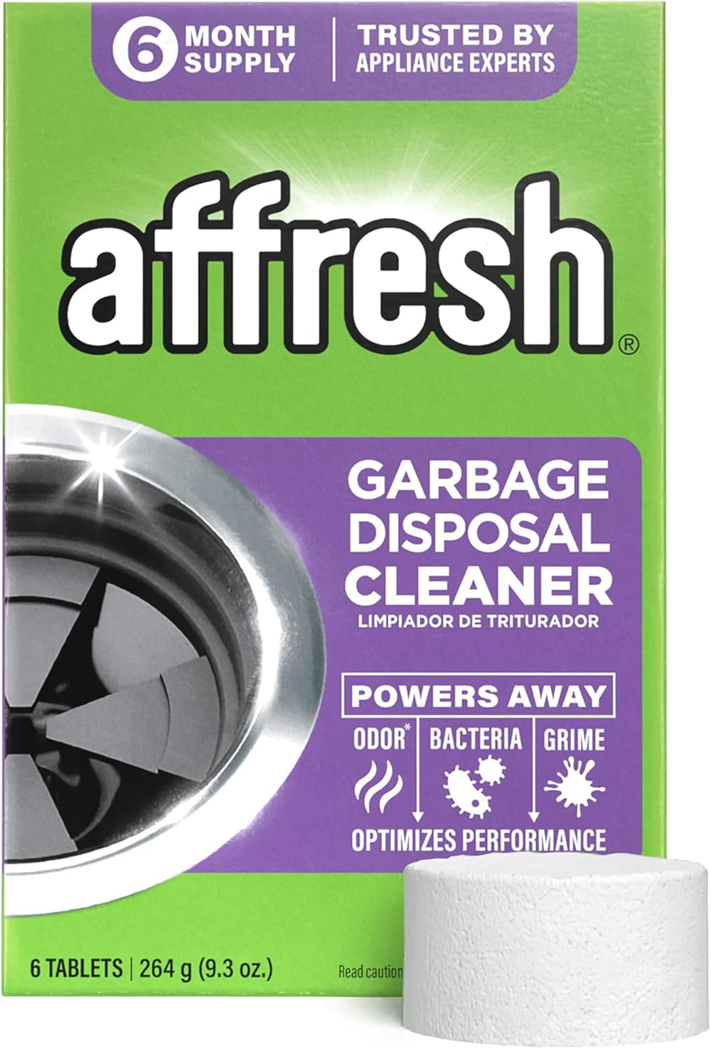 Affresh garbage disposal cleaner tablets pack with 6 tablets for odor and grime removal, ideal for maintaining garbage disposal.