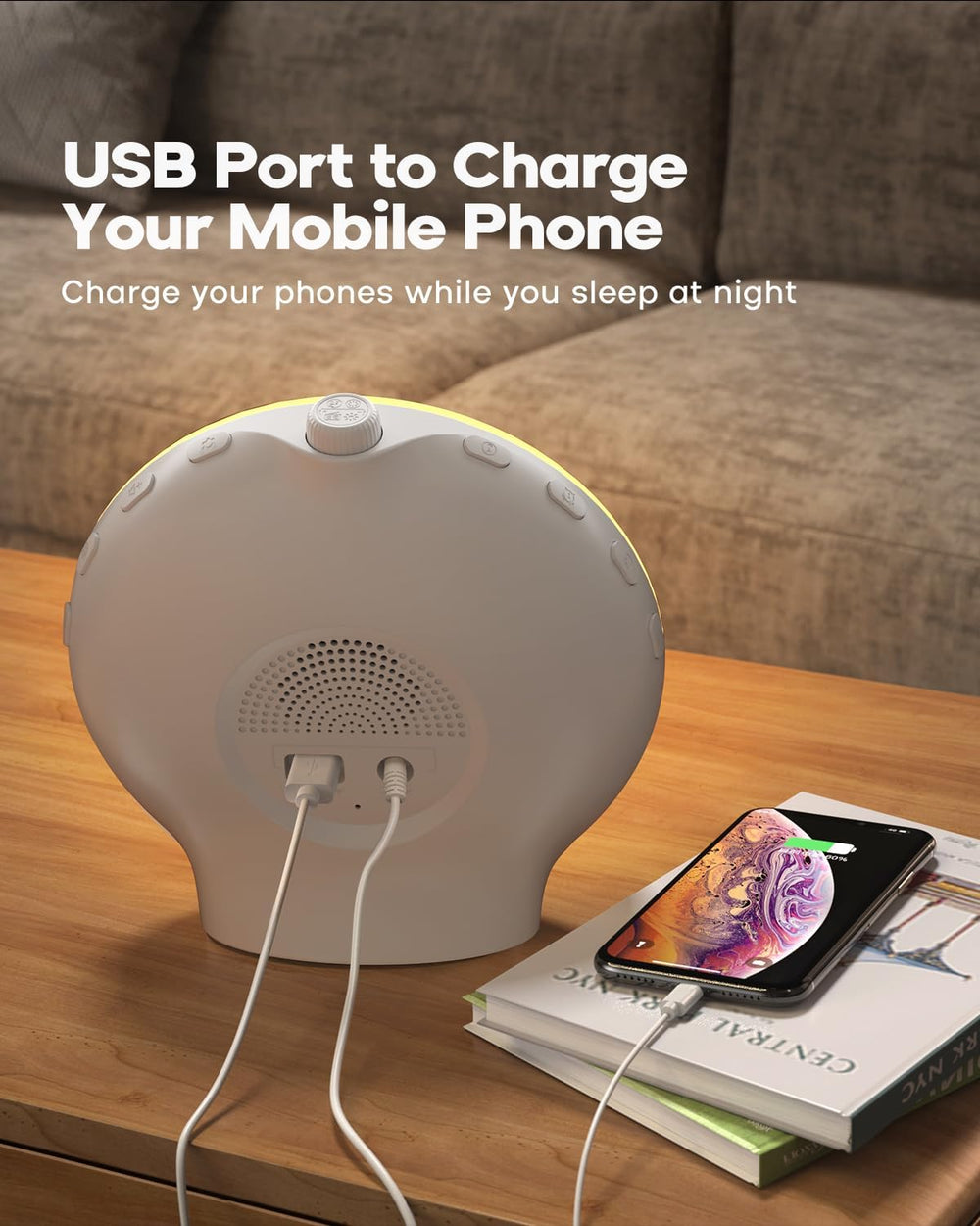 sunrise alarm clock with wake up light features USB port to charge your mobile phone while you sleep at night.