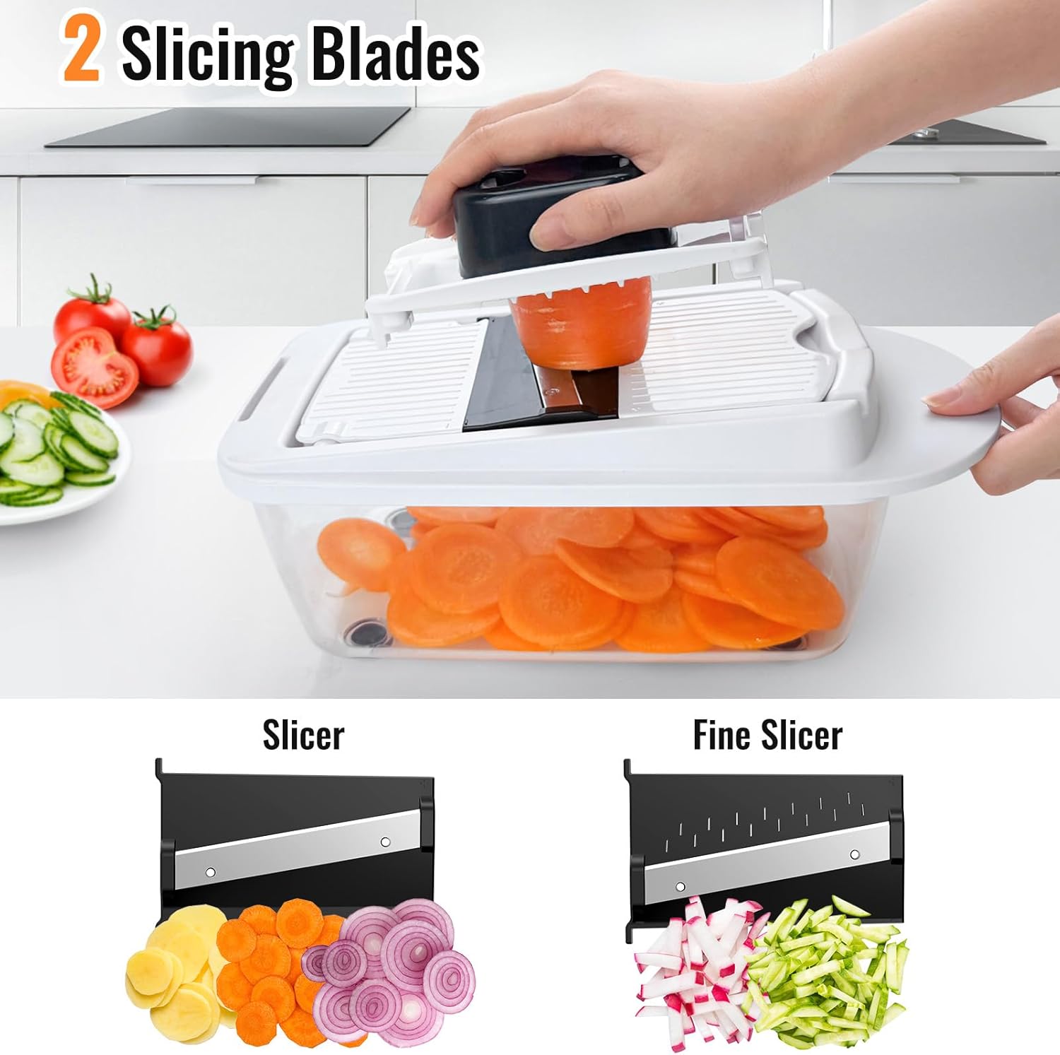 8-in-1 vegetable chopper with two slicing blades for preparing vegetables efficiently and neatly.
