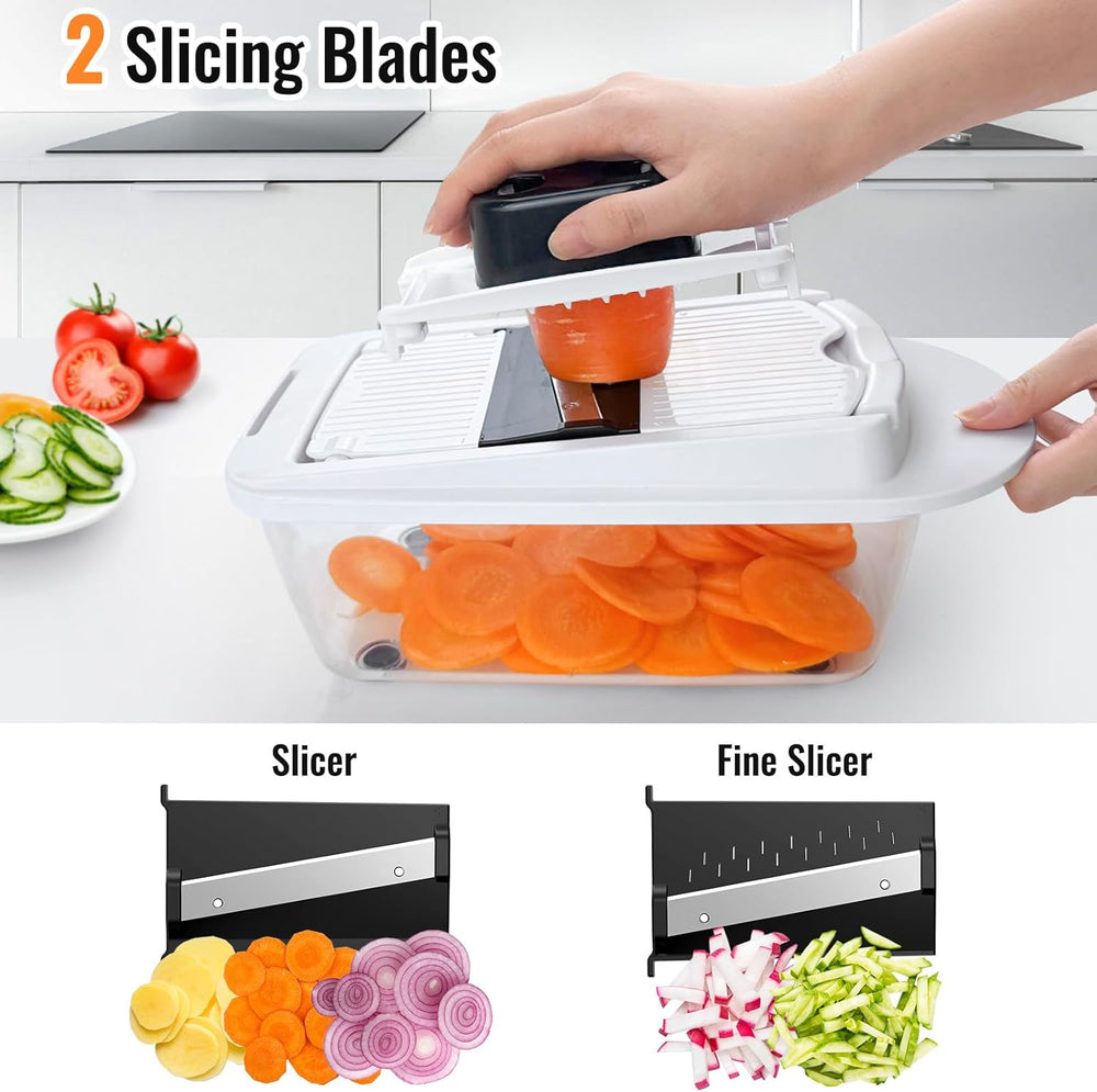 8-in-1 vegetable chopper with two slicing blades for preparing vegetables efficiently and neatly.