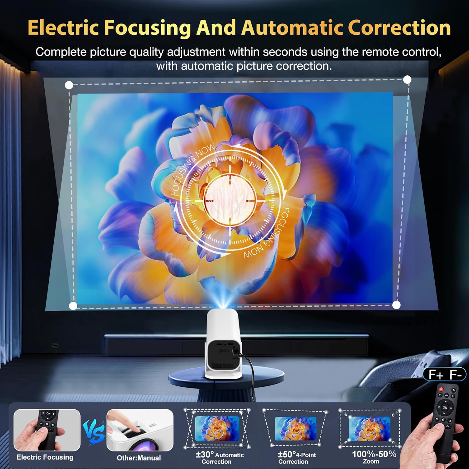 smart 1080P projector with built-in apps showing electric focusing and automatic correction features.