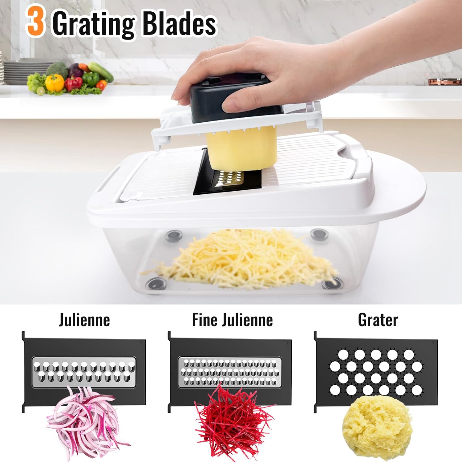 3 grating blades of 8-in-1 vegetable chopper shown with julienne, fine julienne, and grater options for easy meal prep.