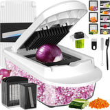 8-in-1 vegetable chopper showcasing interchangeable blades and a container for easy slicing and dicing.