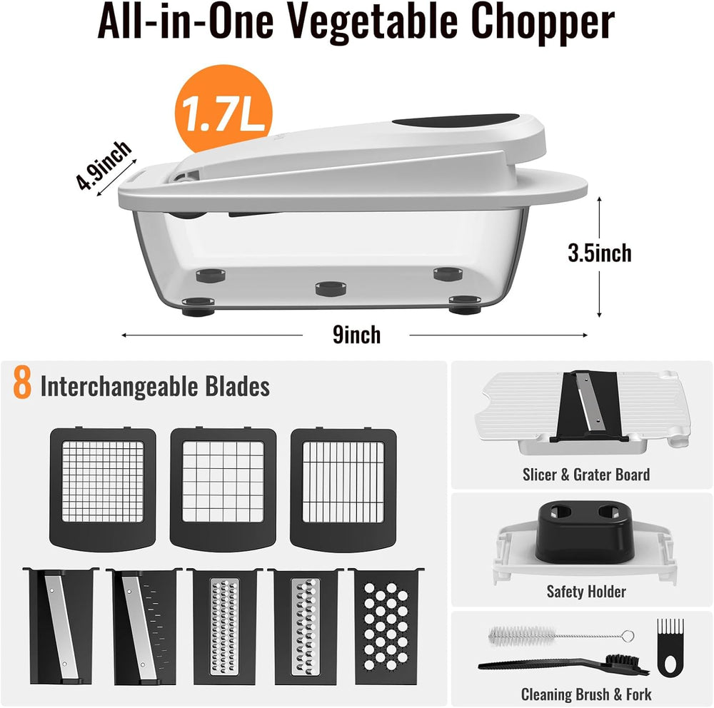 Image of 8-in-1 vegetable chopper with interchangeable blades for easy food preparation.
