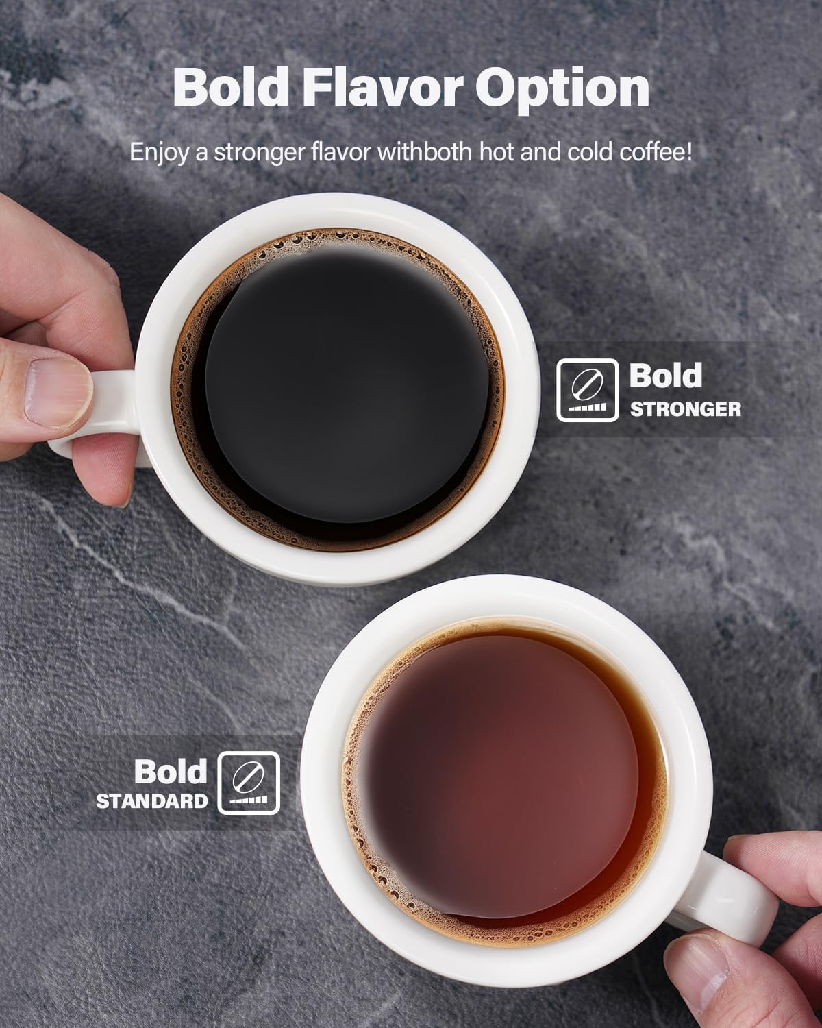 Bold flavor options for 2-in-1 single serve coffee maker; hot and cold coffee comparison.