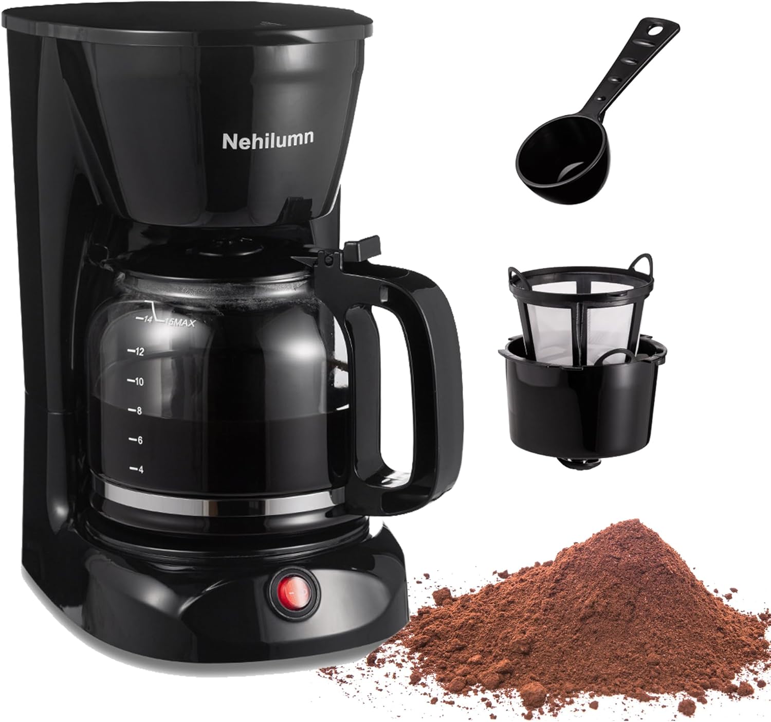 programmable coffee maker with reusable filter and measuring scoop displayed with coffee grounds.