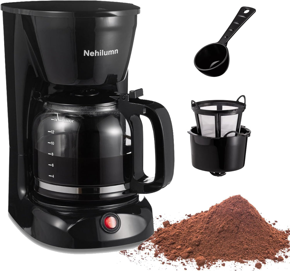 programmable coffee maker with reusable filter and measuring scoop displayed with coffee grounds.