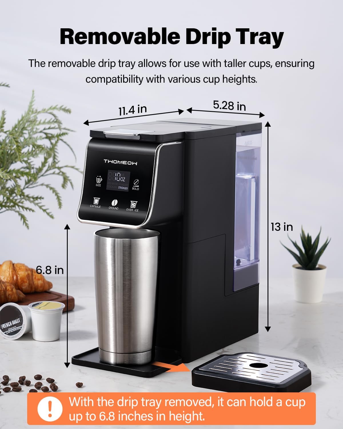 2-in-1 single serve coffee maker with removable drip tray for tall cups and versatile brewing options.