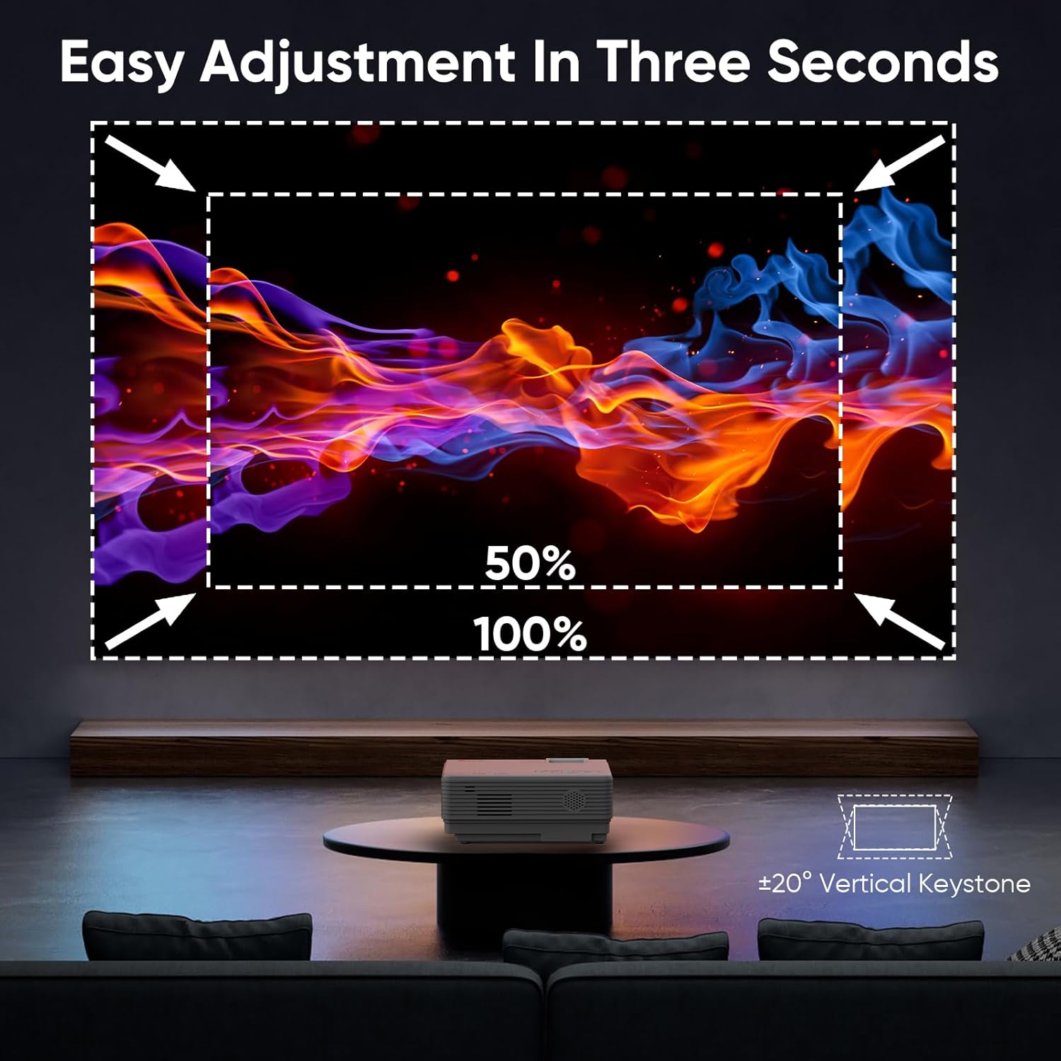 portable projector with wifi and bluetooth showcasing easy adjustment feature in three seconds on a colorful projection.