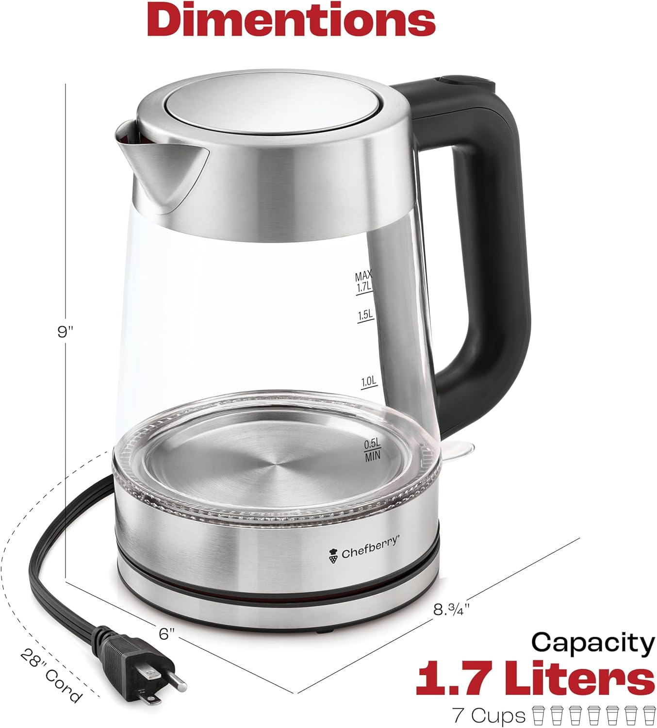 glass electric kettle BPA-free with stainless steel base, 1.7 liters capacity, and clear design, ideal for boiling water.